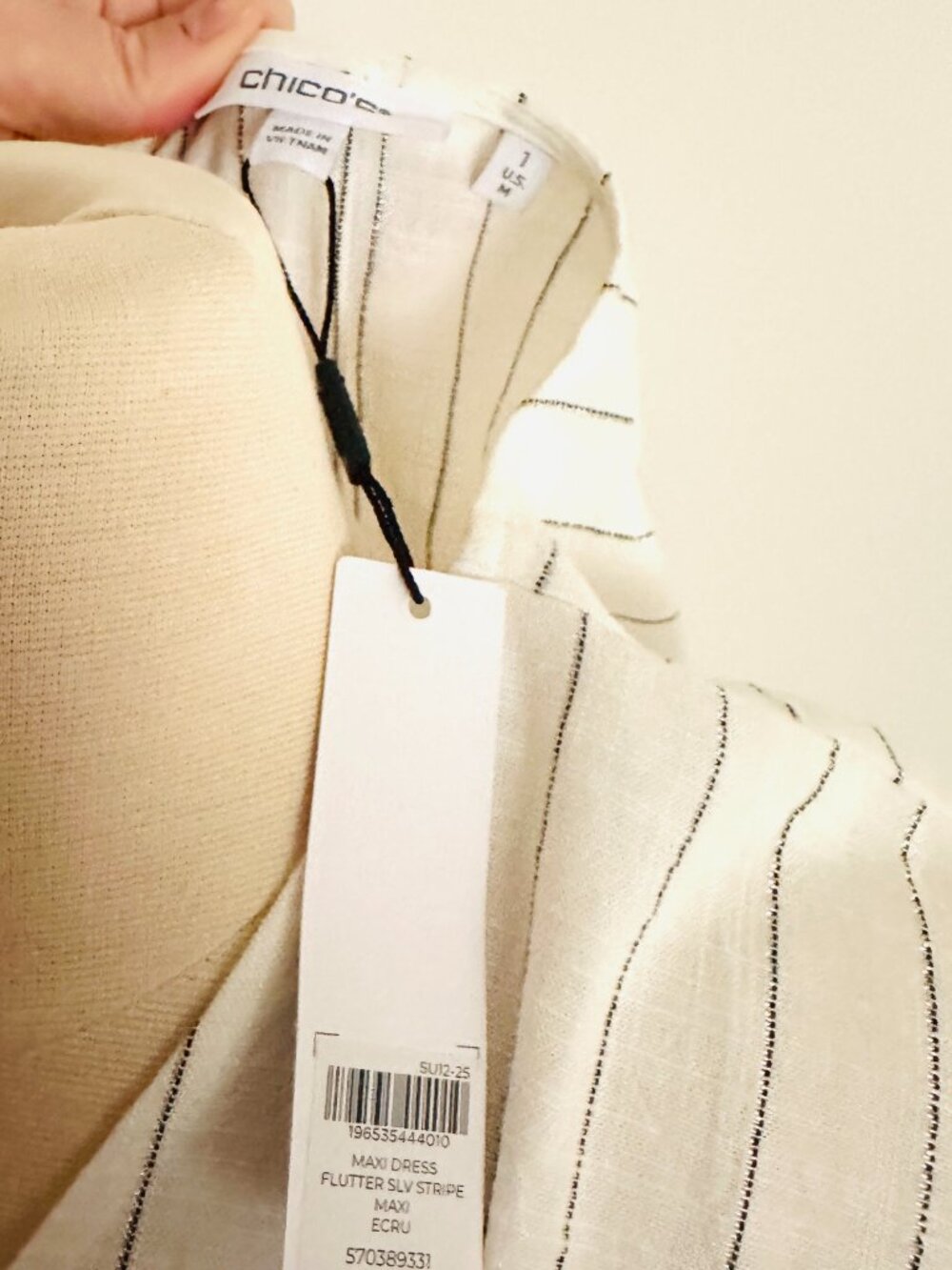 Chico's Ecru Metallic Stripe Flutter Sleeve Breathable Maxi Dress NWT $149 M - Picture 14 of 16